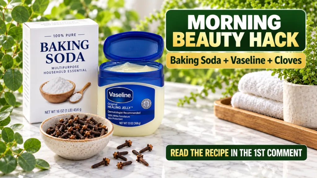 Three key ingredients a box of baking soda an open jar of Vaseline Original Healing Jelly and a bowl of cloves with some