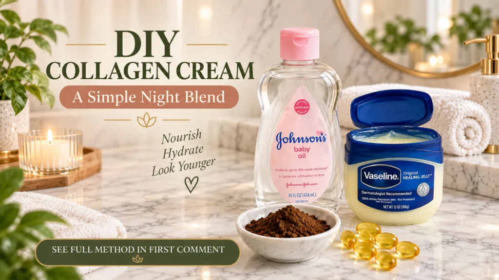 Ingredients for a DIY collagen cream including Johnson s baby oil Vaseline brown powder and Vitamin E capsules neatly ar