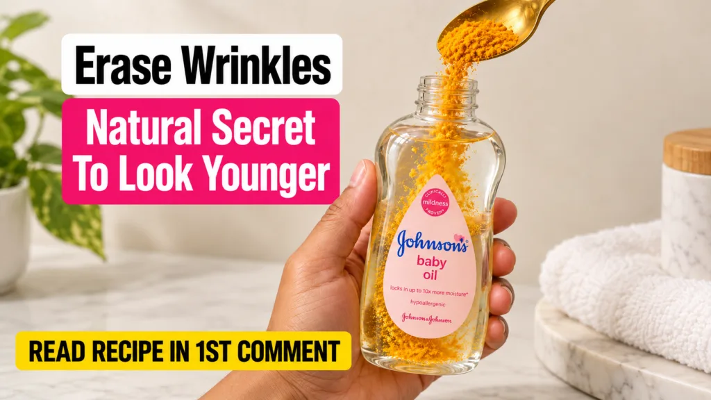 A hand holding a bottle of baby oil with a golden spoon pouring vibrant yellow turmeric powder into it