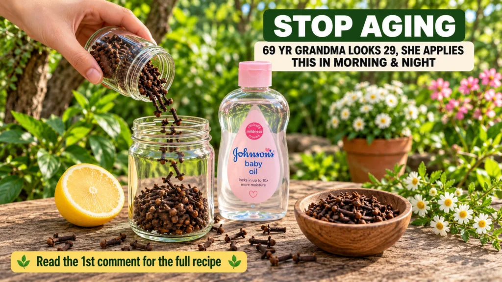 A hand pouring dried cloves from a small jar into a larger glass jar surrounded by a half-cut lemon baby oil and a bowl 