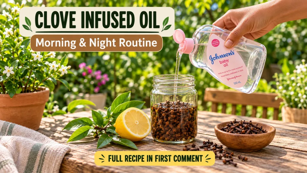 A hand pouring Johnson s Baby Oil into a glass jar filled with cloves on a rustic wooden surface with a halved lemon and