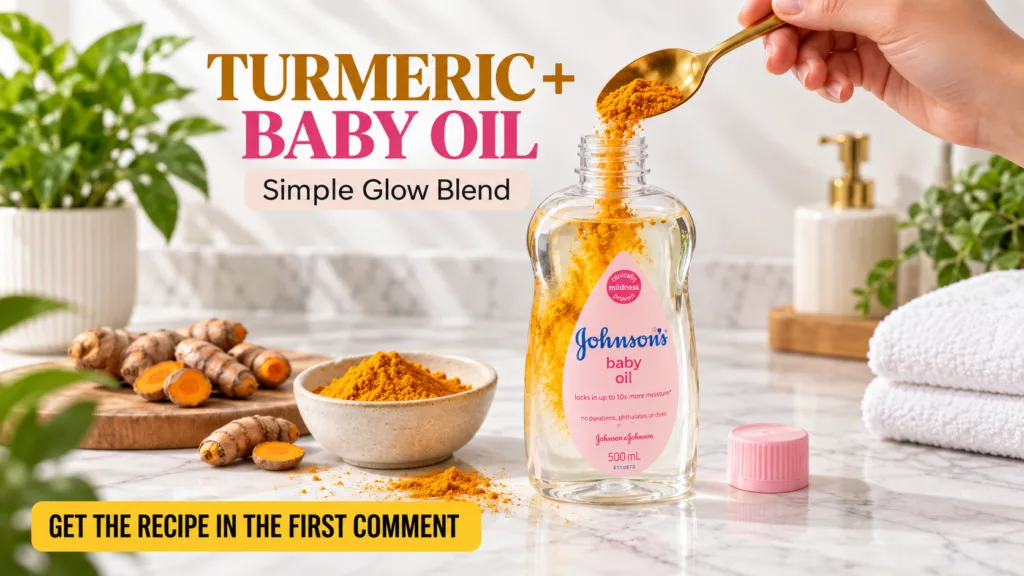 A hand pouring vibrant yellow turmeric powder from a golden spoon into a clear bottle of Johnson s Baby Oil A bowl of tu