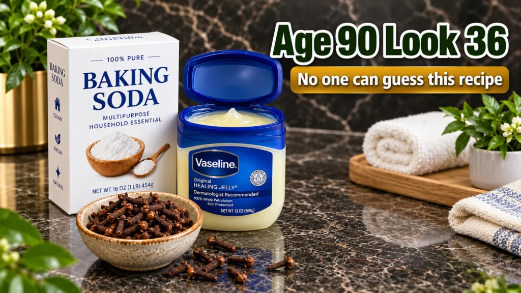 A still life arrangement of a box of baking soda an open jar of Vaseline and a bowl of cloves on a dark marble surface