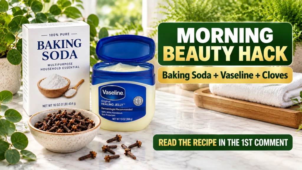 A box of baking soda an open jar of Vaseline Original Healing Jelly and a small bowl of cloves with some scattered on a 
