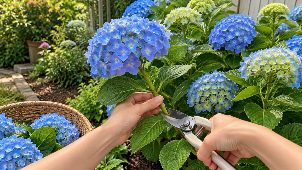 Close-up of hands holding a vibrant blue hydrangea bloom with gardening shears ready for pruning Lush green leaves with