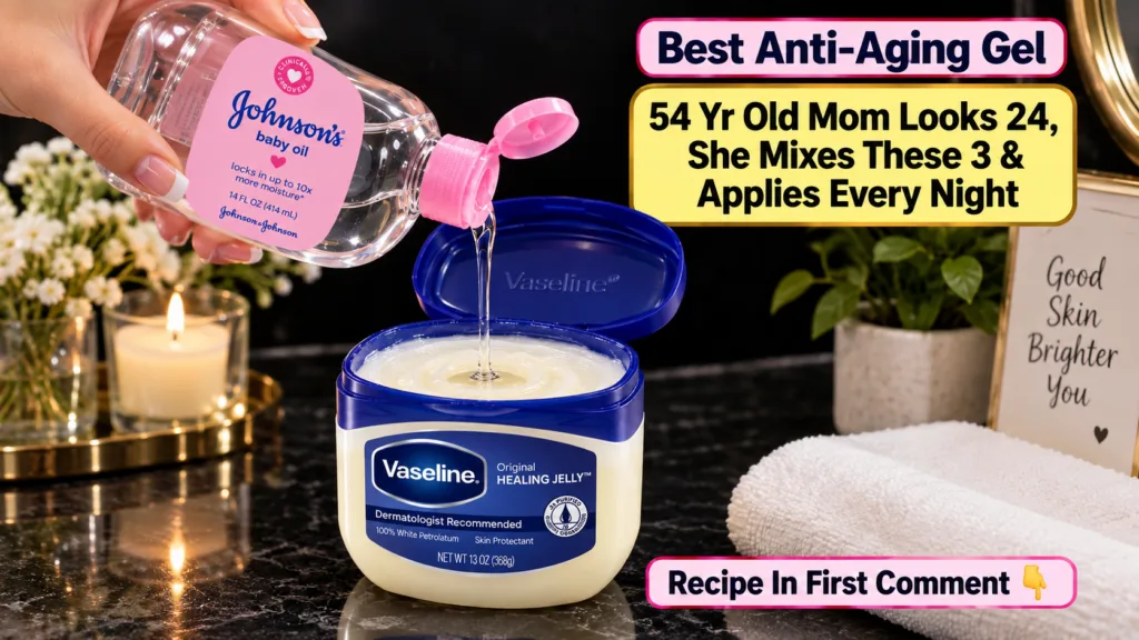 A hand pouring Johnson s baby oil into an open tub of Vaseline Original Healing Jelly on a dark reflective surface with