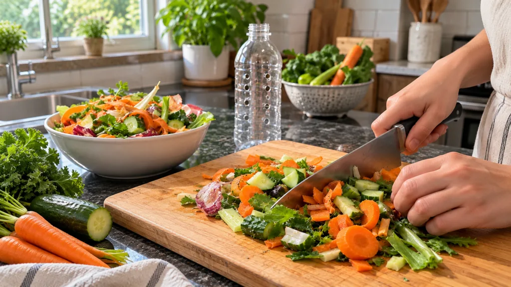 Close-up of hands chopping fresh vegetables like carrots cucumbers and leafy greens on a wooden cutting board with a che