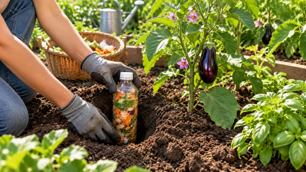 Gloved hands are burying chopped kitchen food scraps in a plastic bottle next to an eggplant plant in a garden with a ri