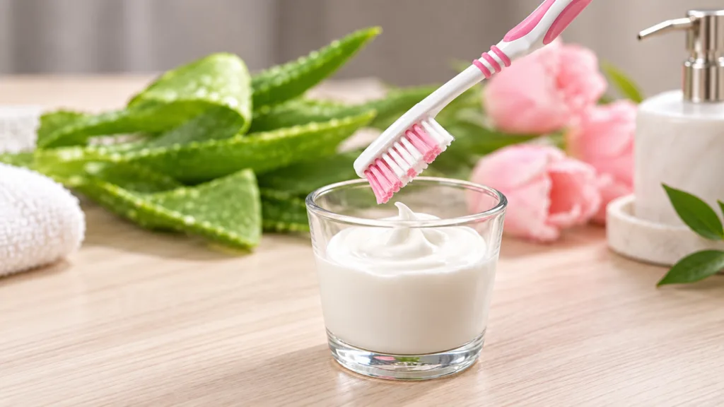 A white and pink toothbrush positioned directly above a clear glass filled with a white creamy substance likely toothpas