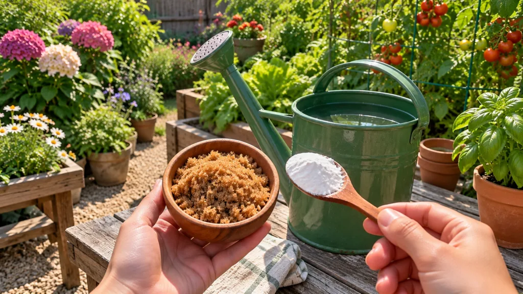 Hands holding a wooden bowl of brown sugar and a spoon with white powder with a watering can and a lush garden in the ba