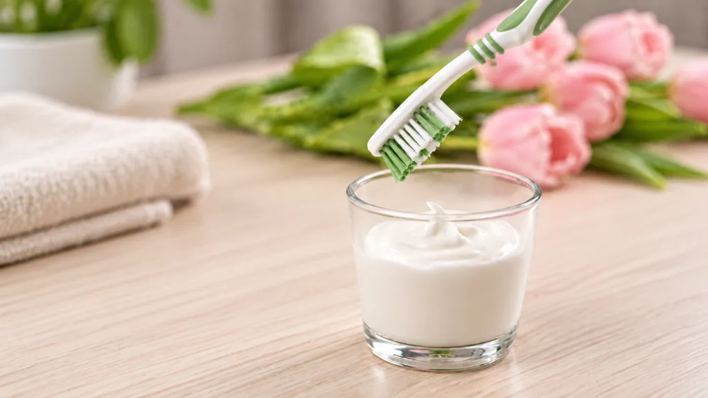 A white and green toothbrush suspended over a glass with a creamy white substance on a light wooden surface with pink tu