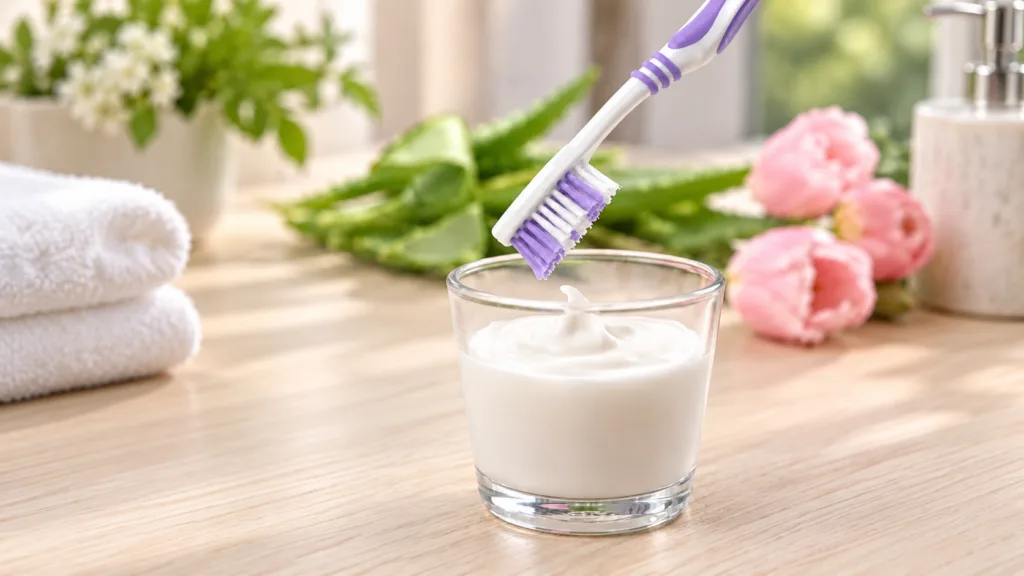 A white and purple toothbrush positioned above a clear glass containing a smooth creamy white natural oral care mixture 