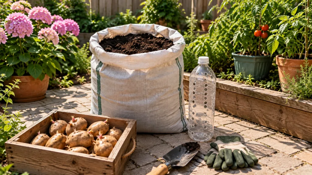 A garden scene with burlap sack of soil wooden crate of sprouting potatoes gardening tools and lush green plants like hy