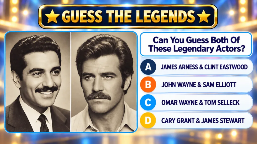 Mobile quiz interface showing two black and white headshot portraits of male actors with mustaches titled GUESS THE LEGE