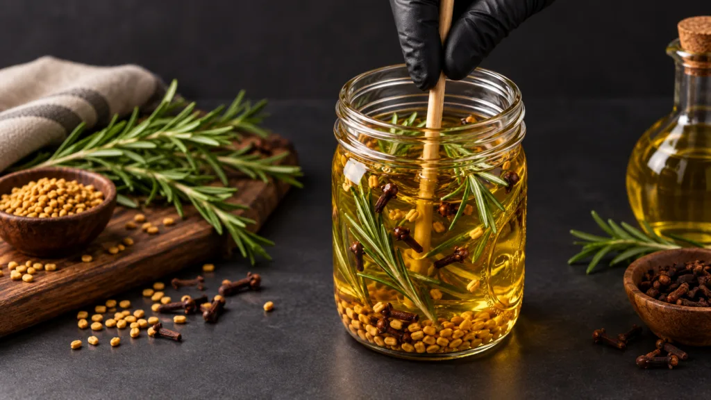 A close-up of a glass jar filled with golden oil rosemary sprigs cloves and fenugreek seeds being stirred by a gloved ha