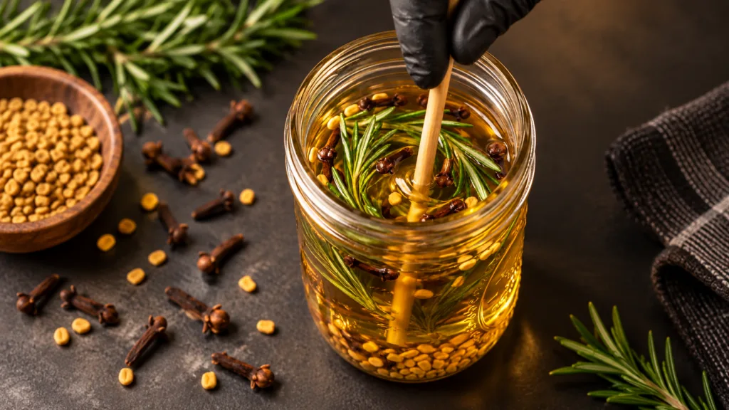 A clear glass jar filled with golden oil infusing rosemary sprigs whole cloves and fenugreek seeds A hand in a black glo
