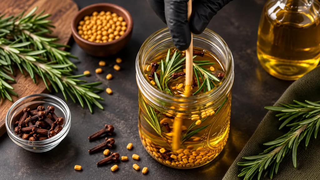 A gloved hand stirring a golden liquid with fresh rosemary sprigs whole cloves and golden fennel seeds in a clear glass 