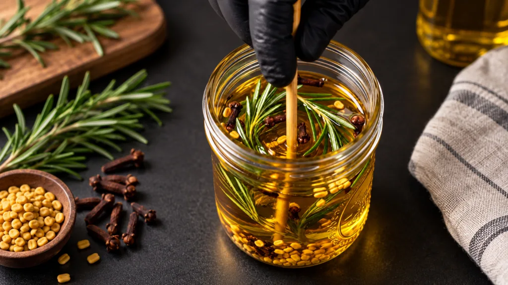 A close-up top-down view of a glass jar containing a golden oil infused with green rosemary sprigs dark brown cloves and