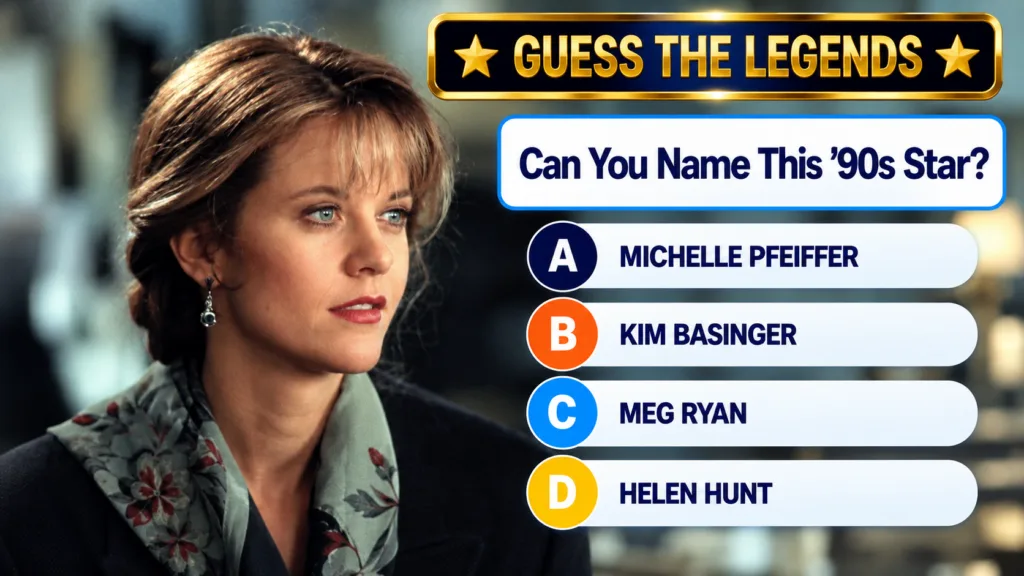 A 90s-era quiz graphic featuring actress Meg Ryan from the chest up with blonde hair and a thoughtful expression alongsi
