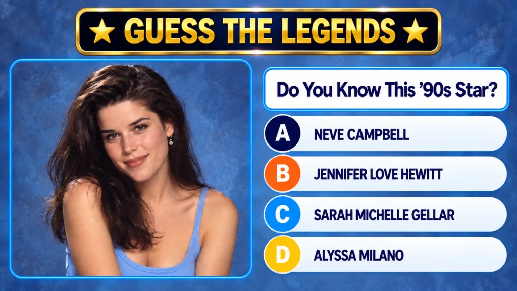 A Guess the Legends quiz interface featuring a portrait of a young Neve Campbell with long dark hair and a light top smi