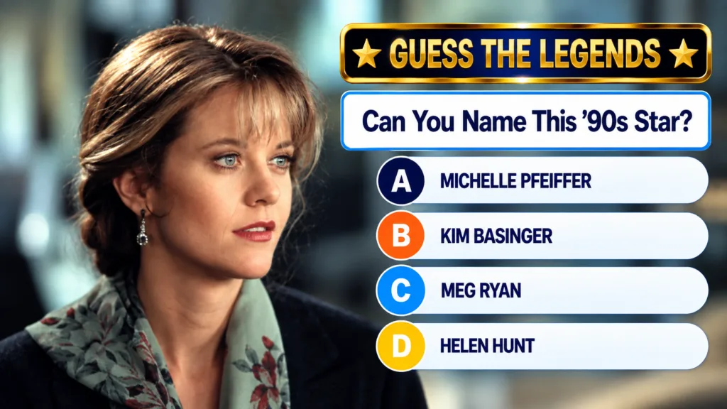 A mobile quiz screenshot featuring a headshot of actress Meg Ryan with quiz elements