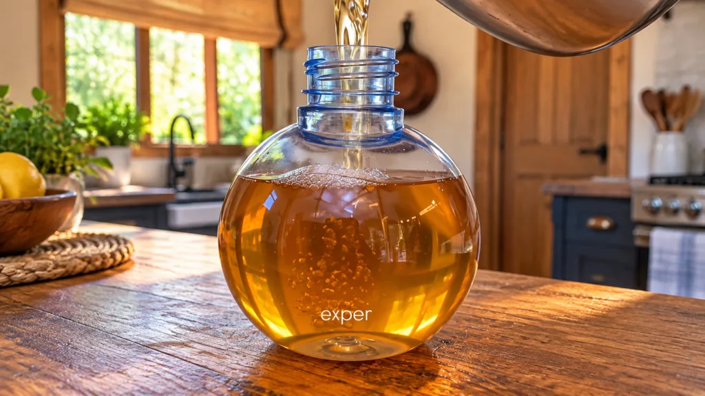A clear spherical glass bottle being filled with a golden-amber liquid creating a frothy layer of bubbles The background