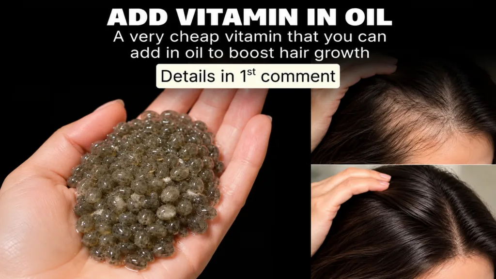 A hand holding several translucent oval vitamin E oil capsules with a bottle of carrier oil in the background