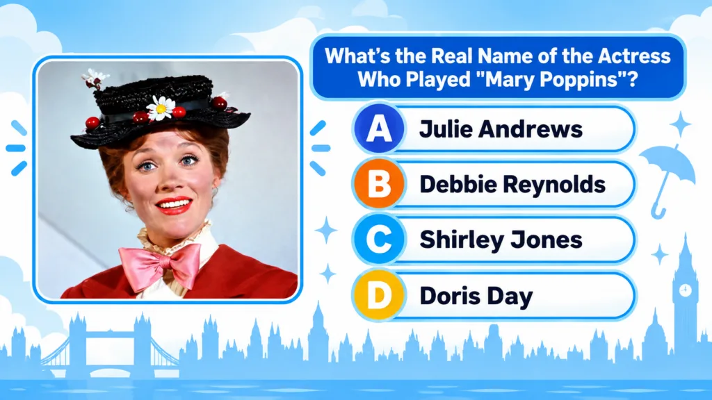 Portrait of Julie Andrews as Mary Poppins wearing her iconic cherry-and-daisy-adorned hat a red coat and a pink bow as f