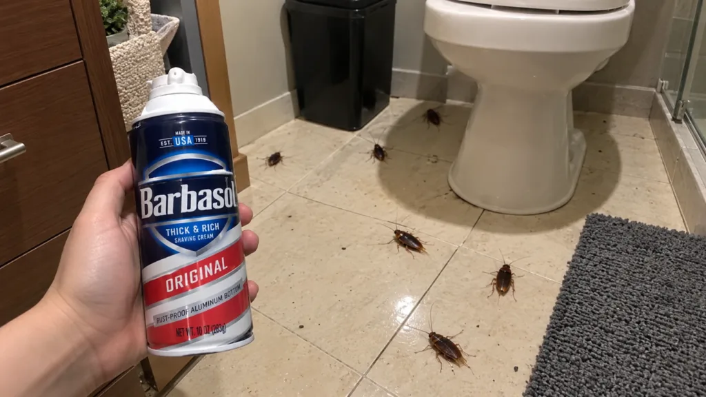 A hand holding a can of shaving cream with a blurred bathroom floor in the background where a cockroach is visible