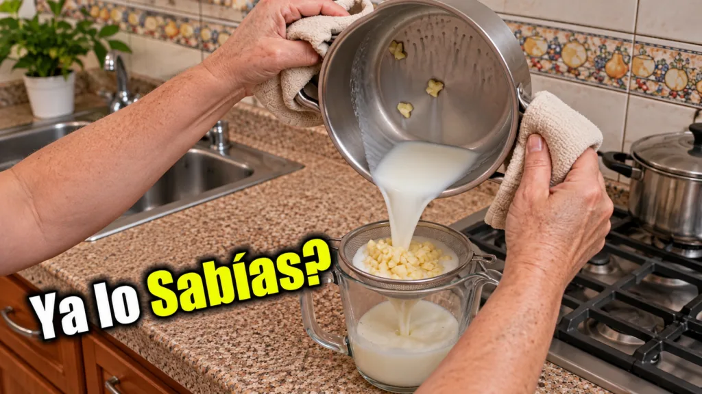 A person s hands pouring a milky herbal liquid through a fine-mesh strainer into a glass measuring cup separating solids
