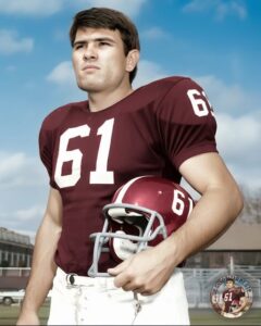 Young Tommy Lee Jones in his Harvard football uniform number 61 on the field in 1968