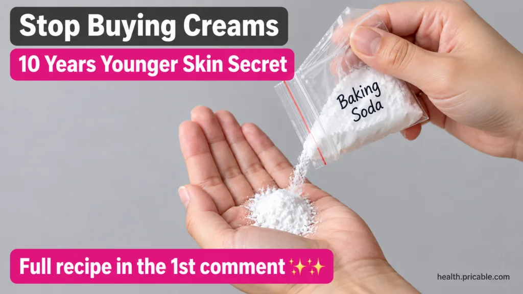 A hand pouring white baking soda powder into another hand with text overlays suggesting Stop Buying Creams and 10 Years 