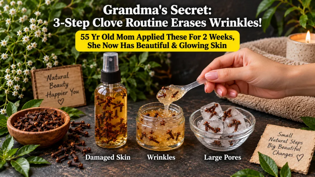 A flat lay showing three DIY clove beauty preparations a spray bottle with clove liquid for damaged skin a jar with clov