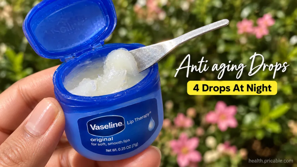 A hand holding an open blue jar of Vaseline Lip Therapy with a metal spatula scooping out the product with blurred green