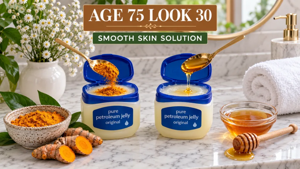 A bright clean flat lay showing two open jars of Vaseline on a marble countertop A golden spoon adds turmeric powder to 