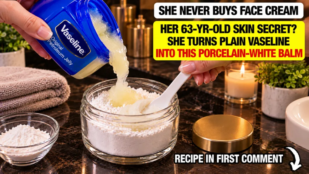 A close-up shot of a hand mixing Vaseline petroleum jelly with white kaolin clay in a glass jar forming a thick smooth p