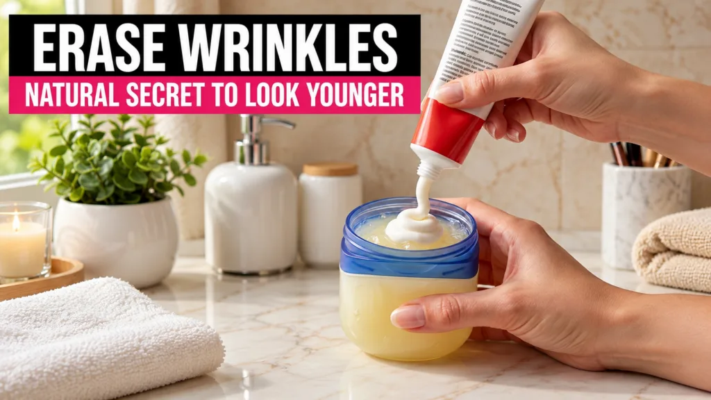 A hand squeezing white toothpaste from a red-and-white tube into an open blue-lidded jar of pale yellow petroleum jelly 