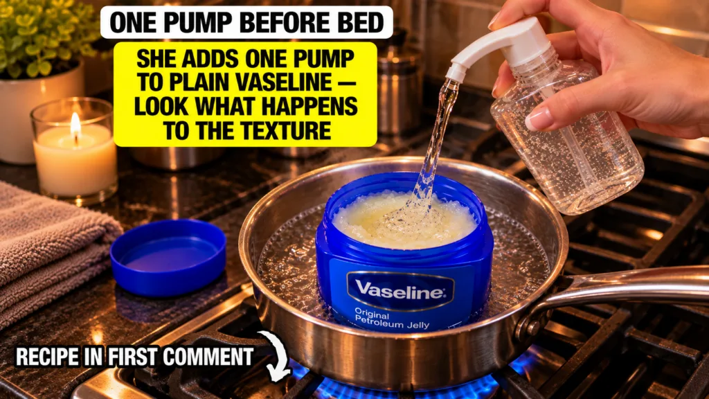 A hand dispensing clear panthenol gel into a melting jar of blue Vaseline petroleum jelly which is in a pot of simmering