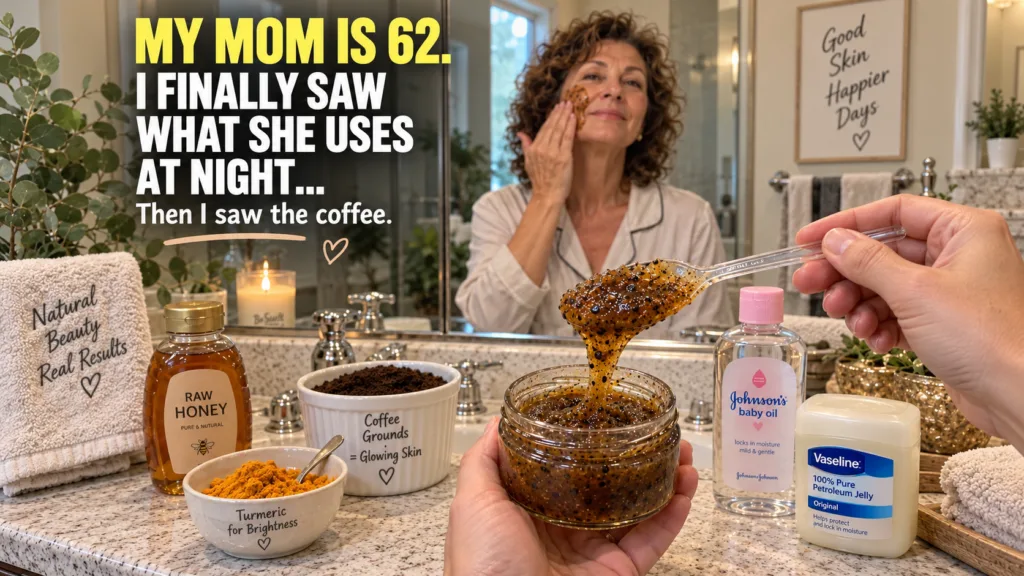 A close-up of hands holding a clear glass jar filled with a golden-brown DIY coffee scrub with a spoon dripping the prod