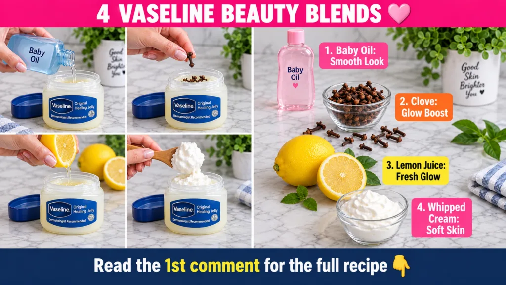 A visual guide showcasing four DIY Vaseline beauty blends with ingredients and benefits prepared on a clean surface