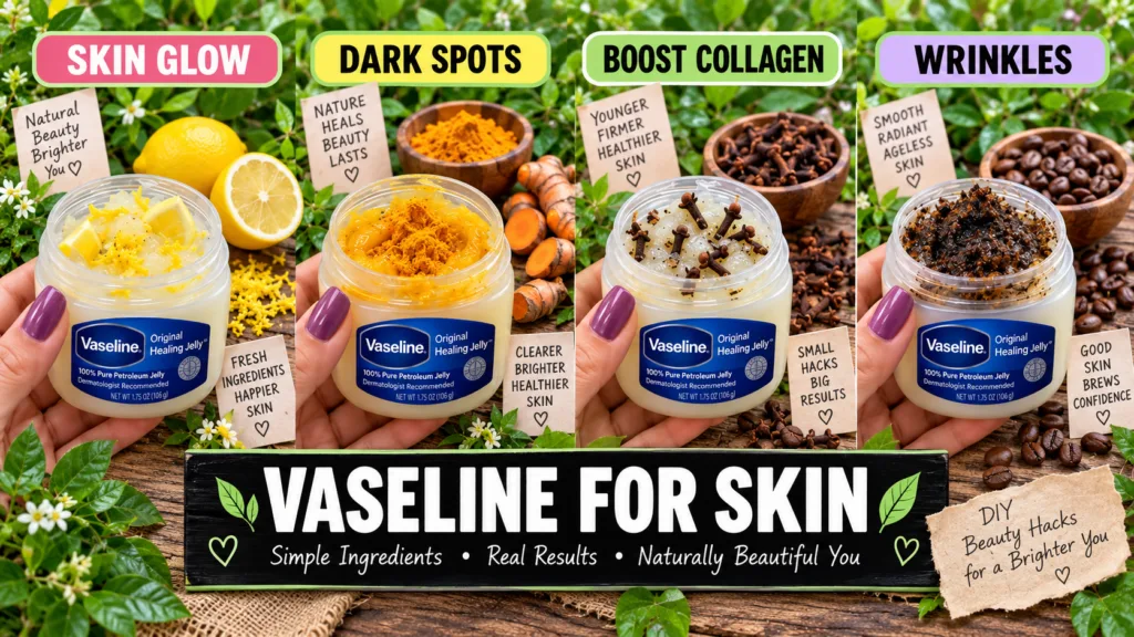 A four-panel grid showing hands holding open Vaseline jars mixed with natural ingredients like lemon turmeric and coffee