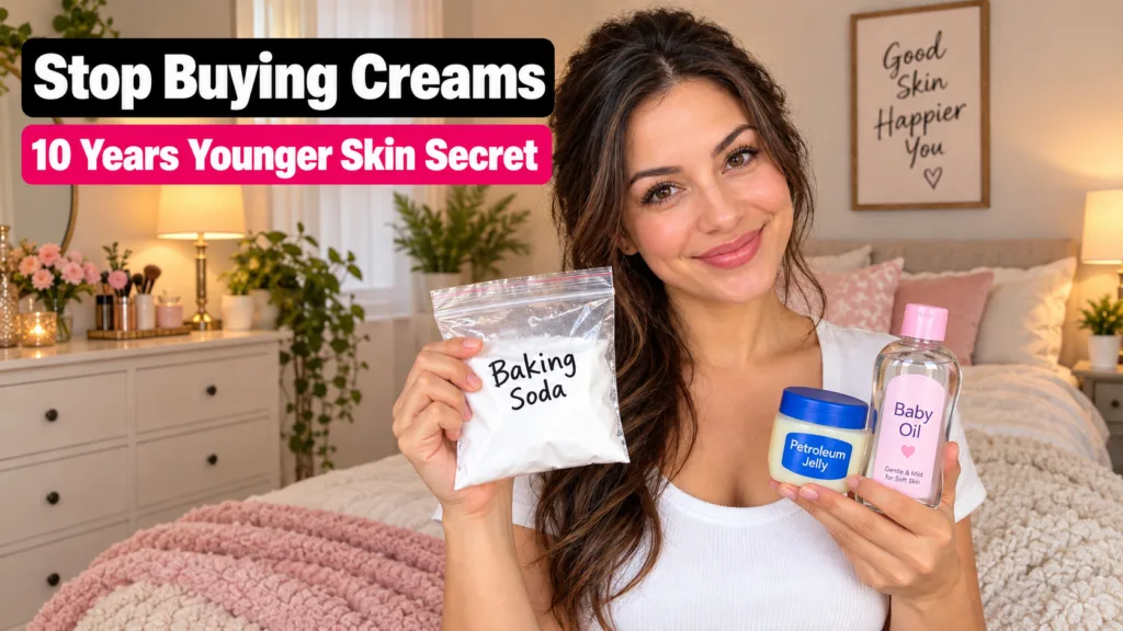 A friendly woman smiling holding petroleum jelly baby oil and a bag of baking soda The background is a soft warm bedroom