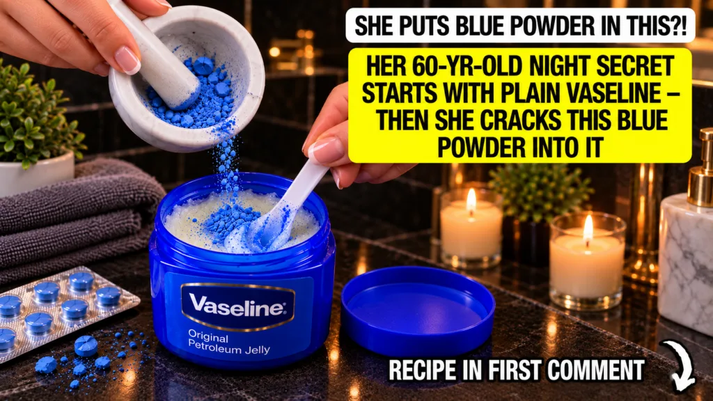 A close-up of blue powder being poured from a mortar and pestle into a jar of Vaseline petroleum jelly with a white spoo