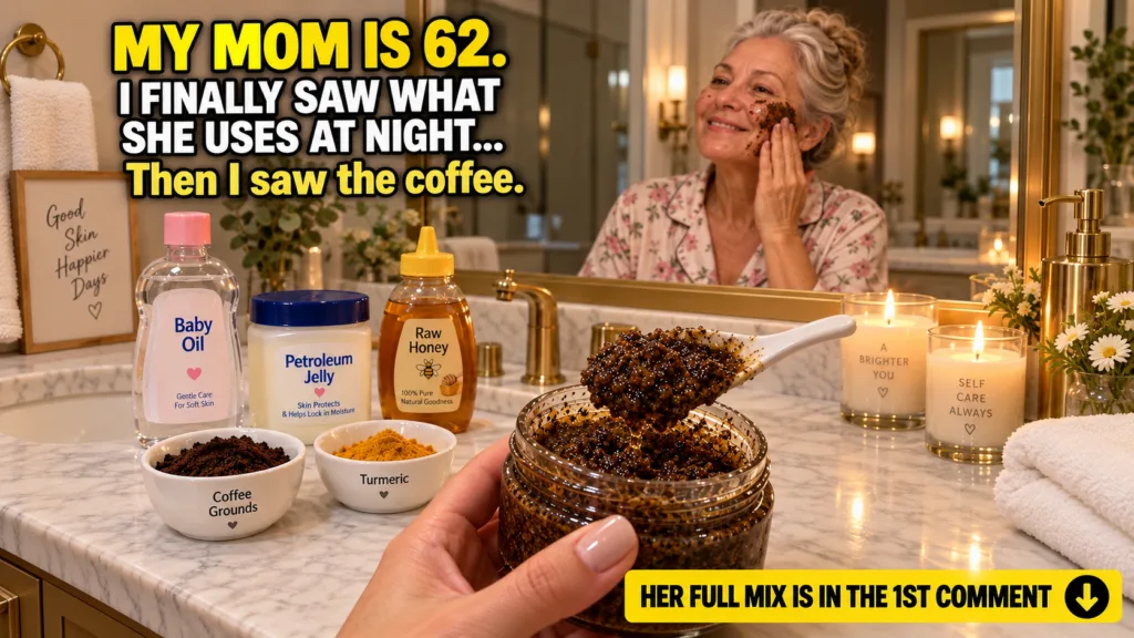 A split image showing a hand holding a glass jar of homemade coffee scrub with raw honey coffee grounds turmeric powder 