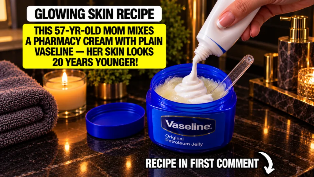 A close-up top-down view of a hand squeezing a white tube of ceramide cream into a blue tub of Vaseline Original Petrole