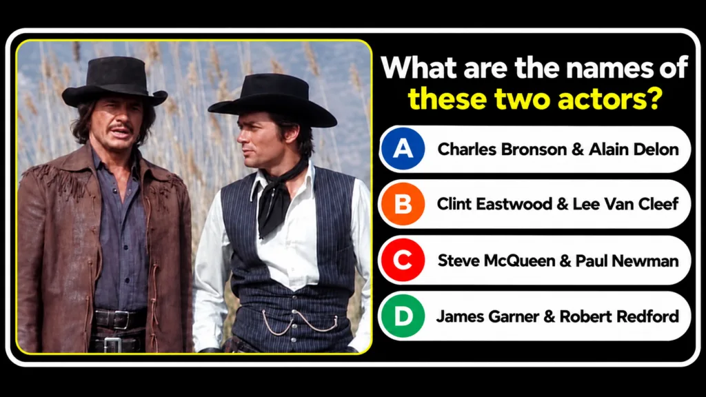 A still from the movie Red Sun featuring Charles Bronson and Alain Delon in Western attire against a dry grassy backdrop