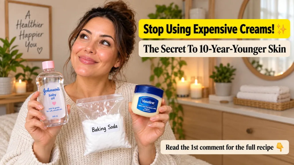 A smiling woman holding up common household products like petroleum jelly baby oil and baking soda with text overlays ab