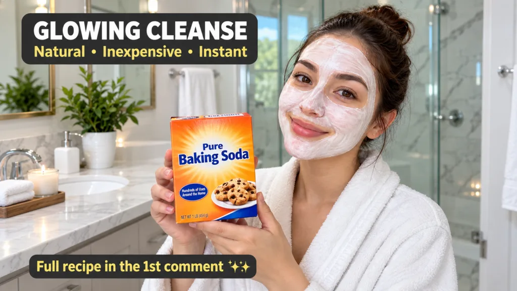 A smiling young woman wearing a white face mask holding a box of baking soda in a clean bathroom setting