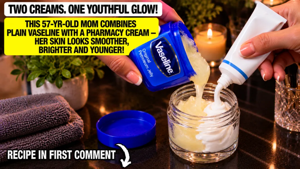 Hands mixing yellow petroleum jelly from a blue Vaseline tub and white Dexpanthenol cream from a tube into a glass jar s