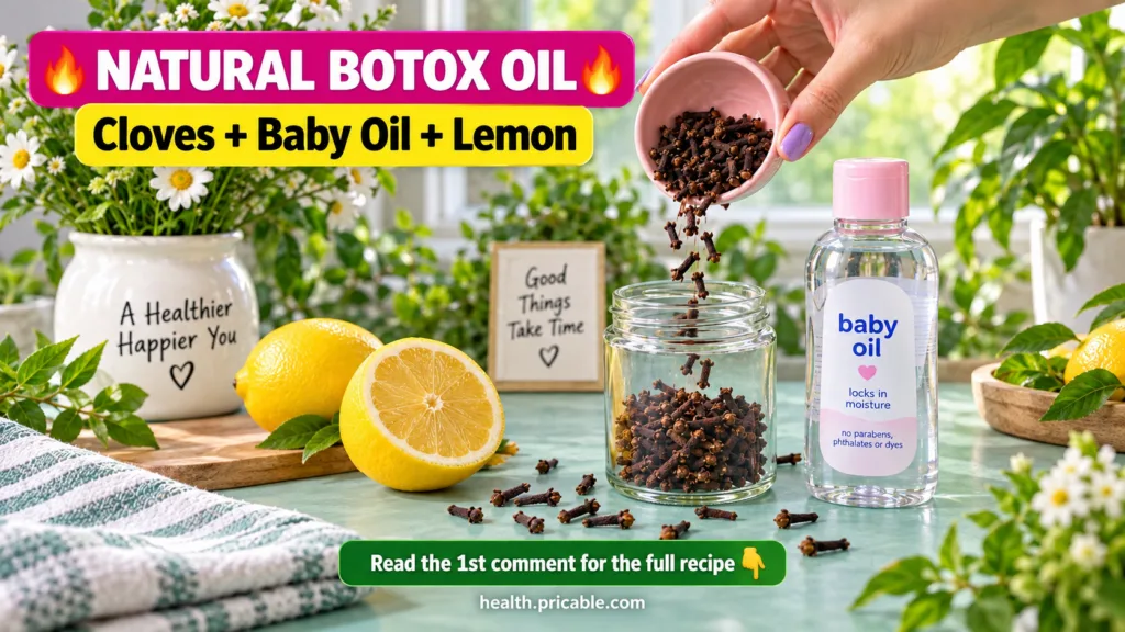 A hand pouring dried cloves from a small pink ceramic bowl into a clear glass jar Next to it a bottle of Johnson s baby 